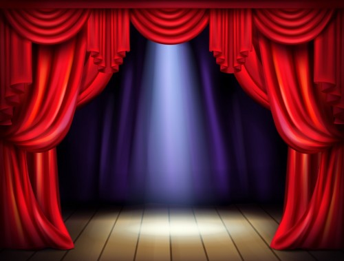 Empty stage with opened red curtains and projector light beam on wooden floor realistic vector illus
